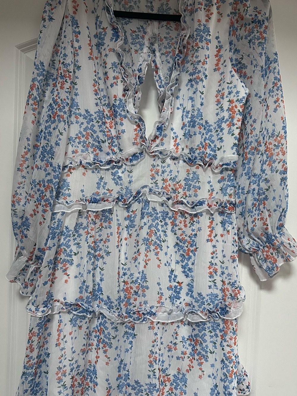 Women's XL Floral V-Neck Long Ballon Skeeve Lined Mini Dress Ruffle Open Back